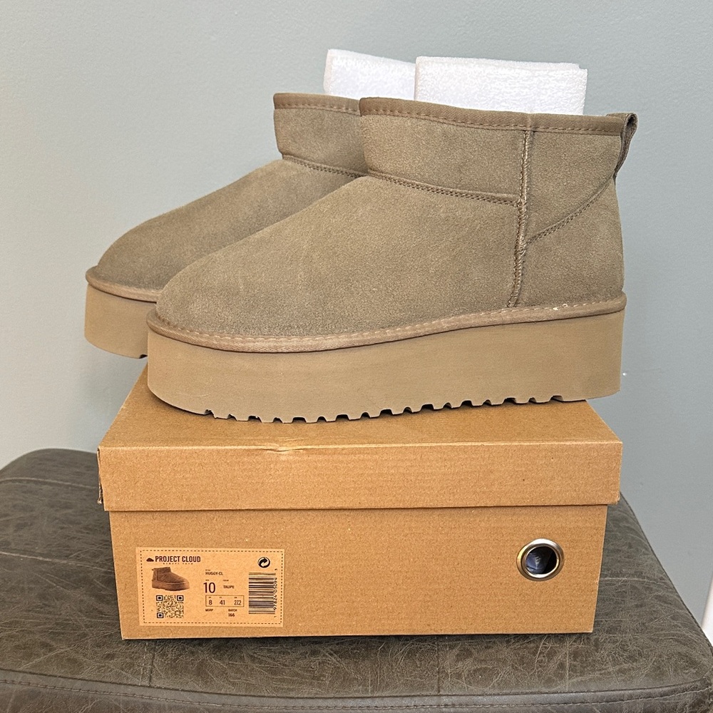 Suede Platform Ankle Booties in Taupe-memory foam